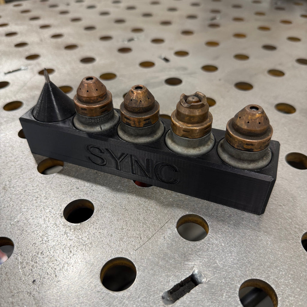 Elevate Metalcraft Hypertherm Sync Plasma Cartridge Organizer magnetic CNC tool holder with multiple slots for plasma cartridges.