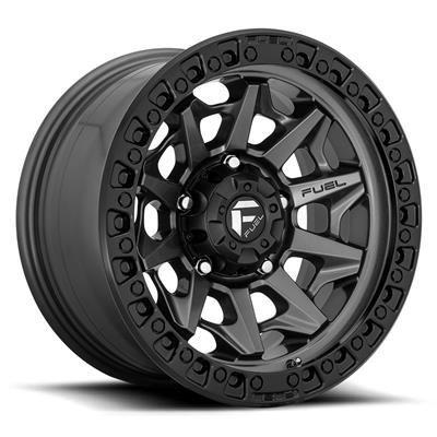 Fuel Off-Road Covert D716 matte gunmetal wheels with black ring by Vinyasa Automotive, showing the multi-spoke design and finish.