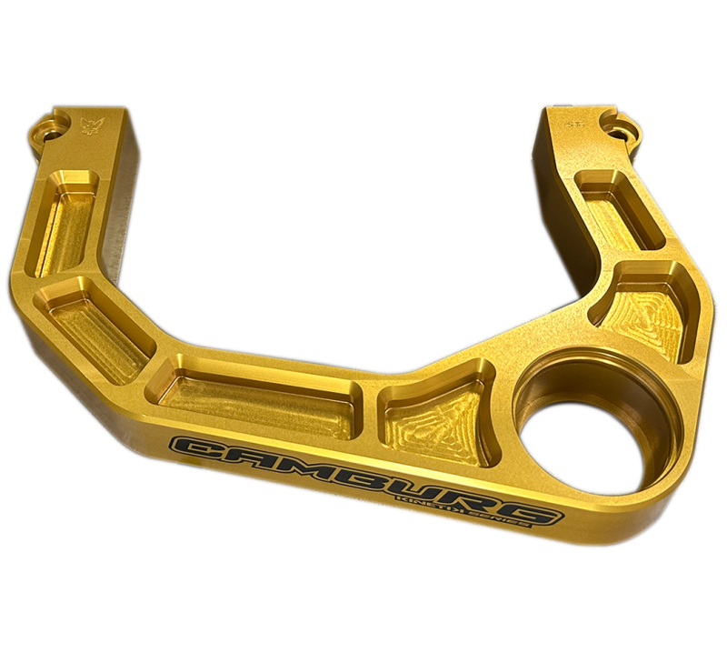 FR SPORT Kinetik V2 Billet Uniball Upper Arms suspension control arm kit for Toyota Tacoma, 4-Runner, and FJ Cruiser in gold.
