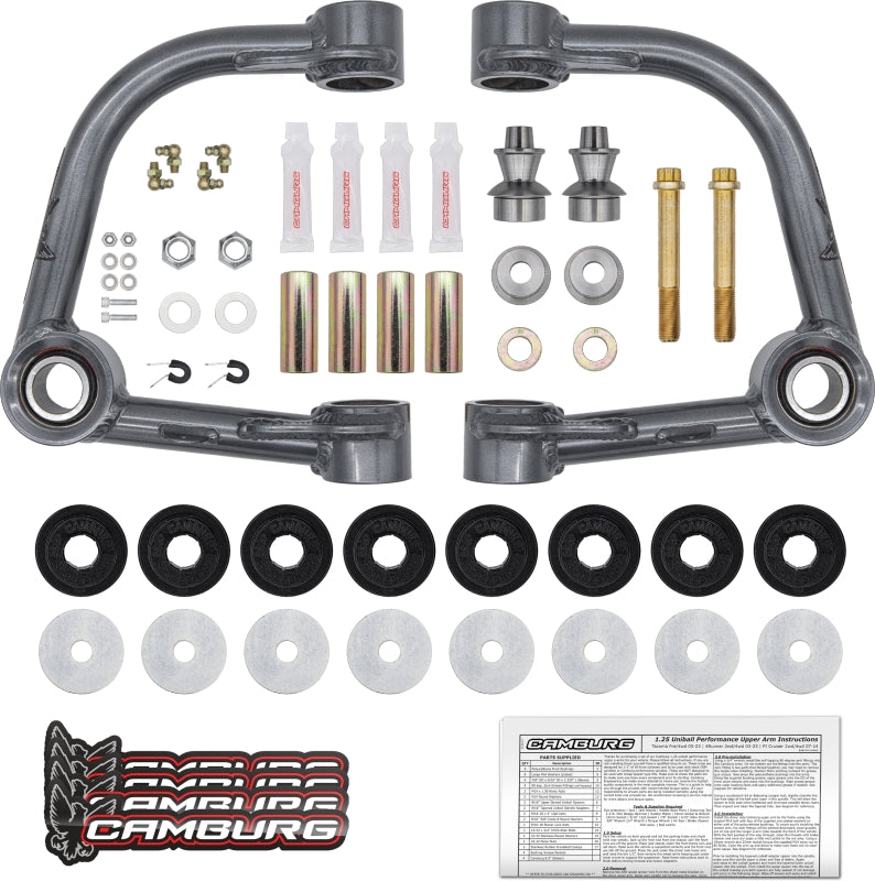 FR SPORT Camburg Toyota Tacoma, 4Runner, FJ Cruiser suspension control arm kit with 1.25-inch uniball upper arms installed.