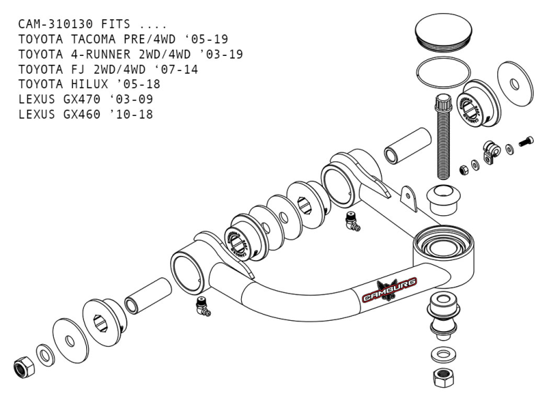 FR SPORT Camburg Toyota Tacoma, 4-Runner, FJ Cruiser suspension control arm kit with 1.25-inch uniball upper arms and covers.