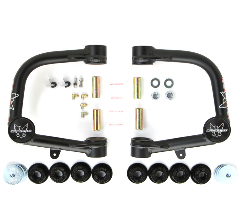 FR SPORT Camburg Toyota Tacoma Pre/4WD 05-23 suspension control arm kit with X-Joint upper arms, black metal construction.