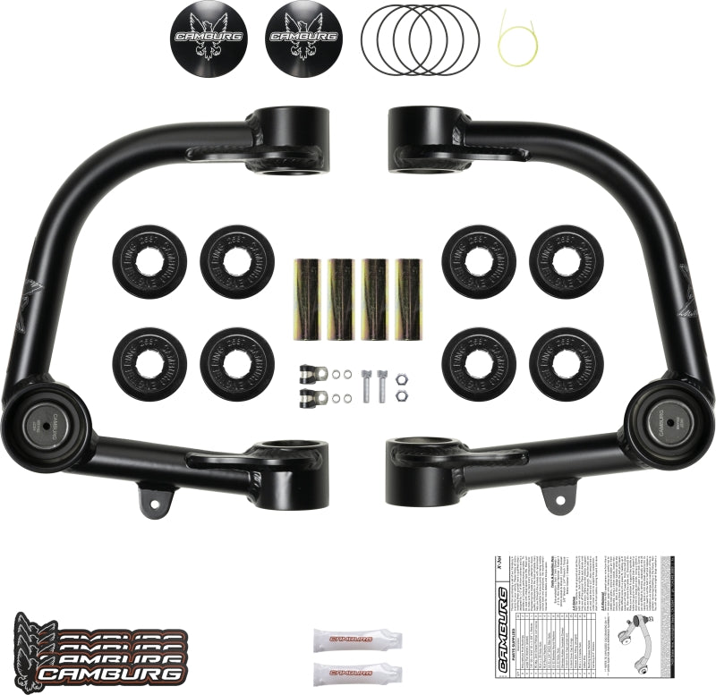 FR SPORT Camburg Toyota Tacoma Pre/4WD 05-23 suspension control arm kit with X-Joint upper arms, black metal construction.