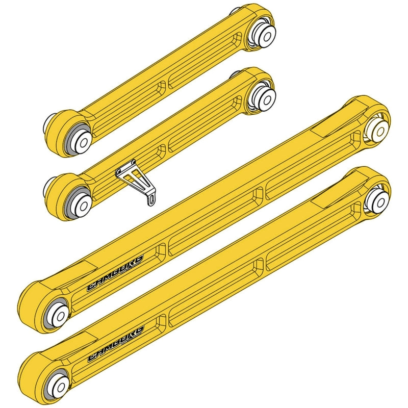 FR SPORT Camburg Toyota Tundra 22-23 KINETIK Series rear billet trailing arm kit in gold, suspension upgrade for 2WD and 4WD models.