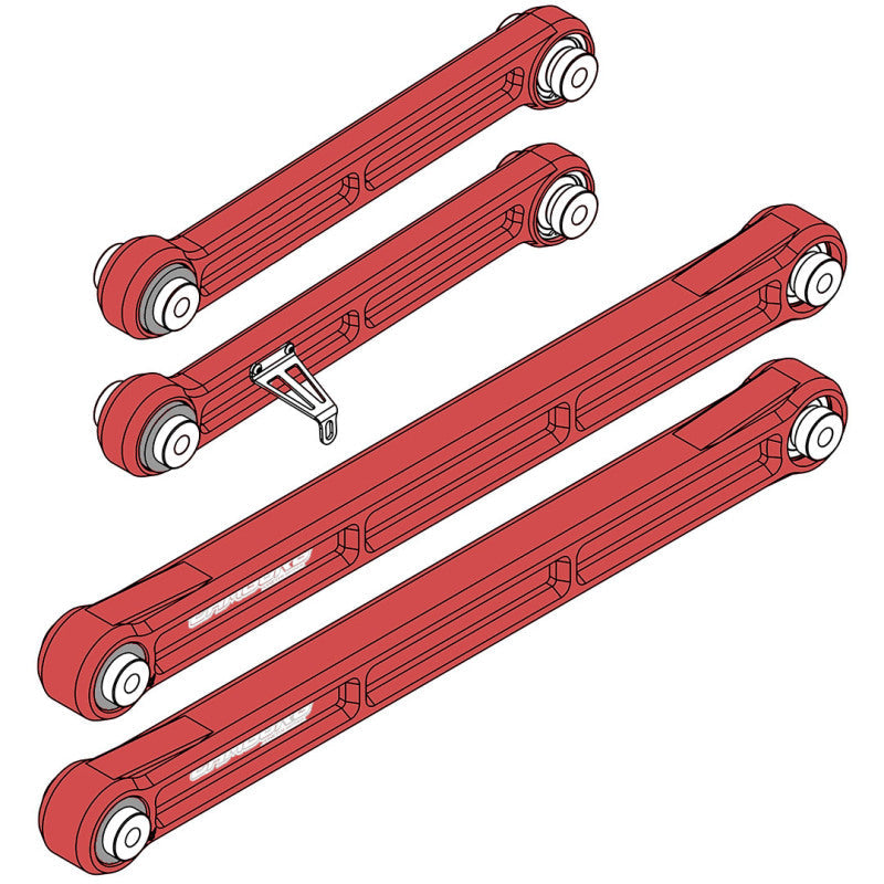 FR SPORT Camburg Toyota Tundra KINETIK Series rear billet trailing arm kit in red for 2022-2023 2WD and 4WD models.