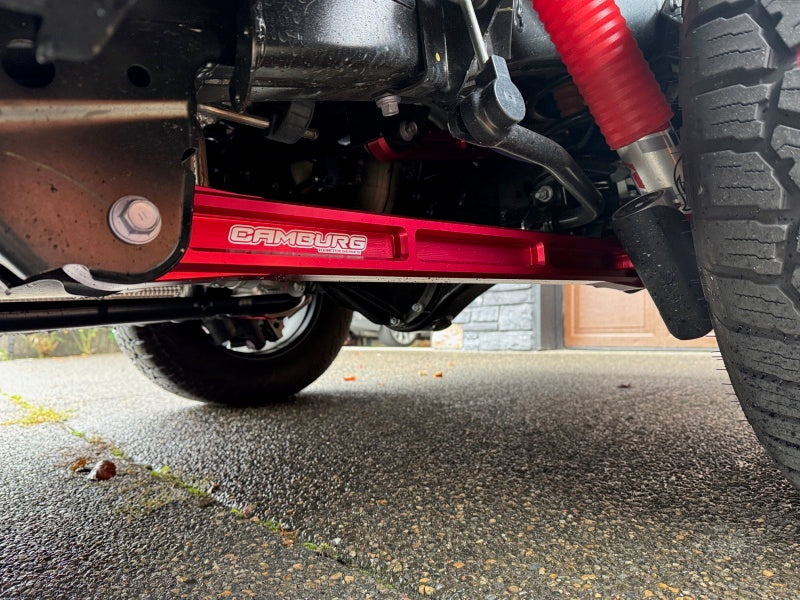 FR SPORT Camburg Toyota Tundra KINETIK Series Rear Billet Trailing Arm Kit in red, suspension component for 2022-2023 2WD/4WD models.