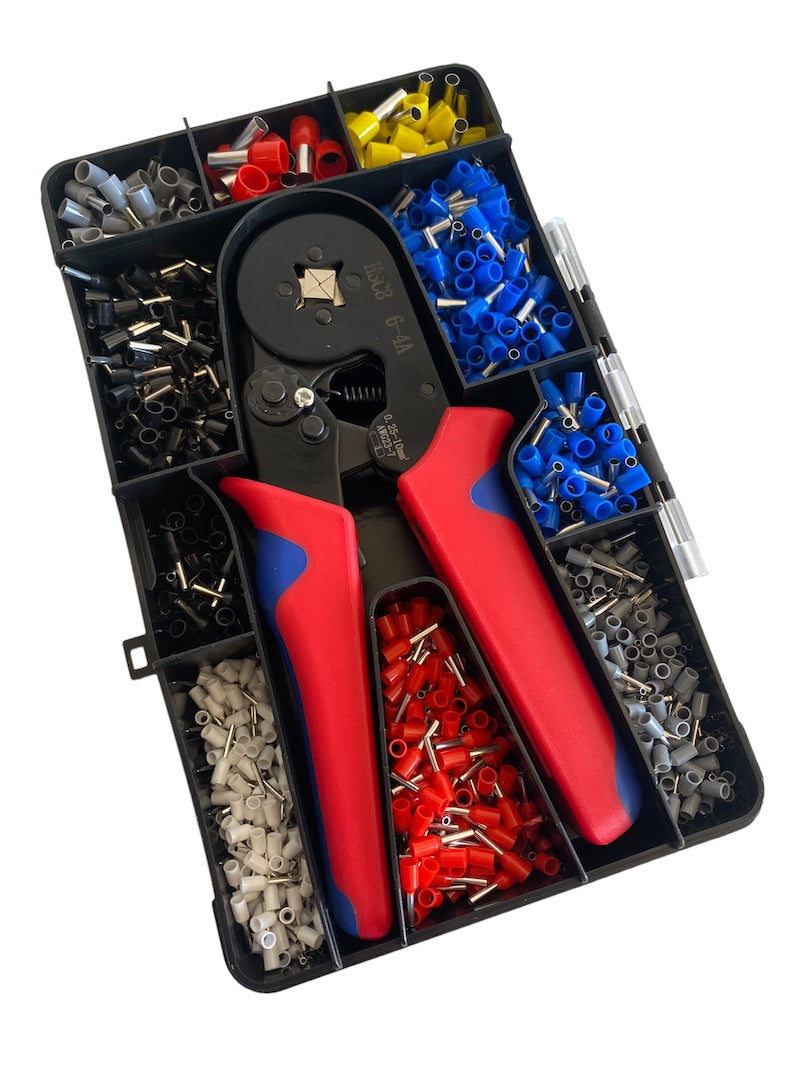 GGLighting ferrule connector tool set for switch panels with various hand tools and connectors for electrical wiring.