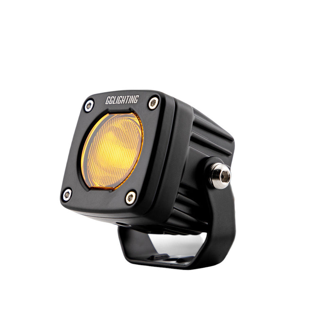 GGLighting GP5 single LED pod light in amber color with clear lens, showcasing durable outdoor lighting design