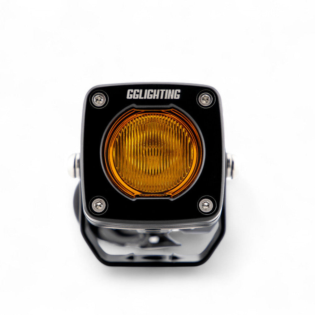 GGLighting GP5 single LED pod light in amber with clear lens showing compact, durable automotive lighting for off-road or truck use.
