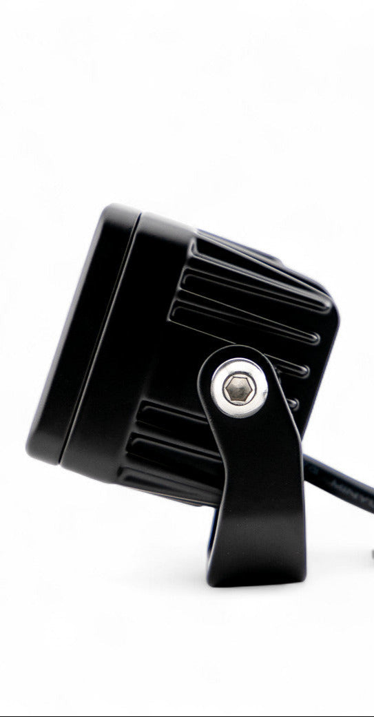 GGLighting GP5 single LED pod light in amber with clear lens showing bright LED and durable black housing.
