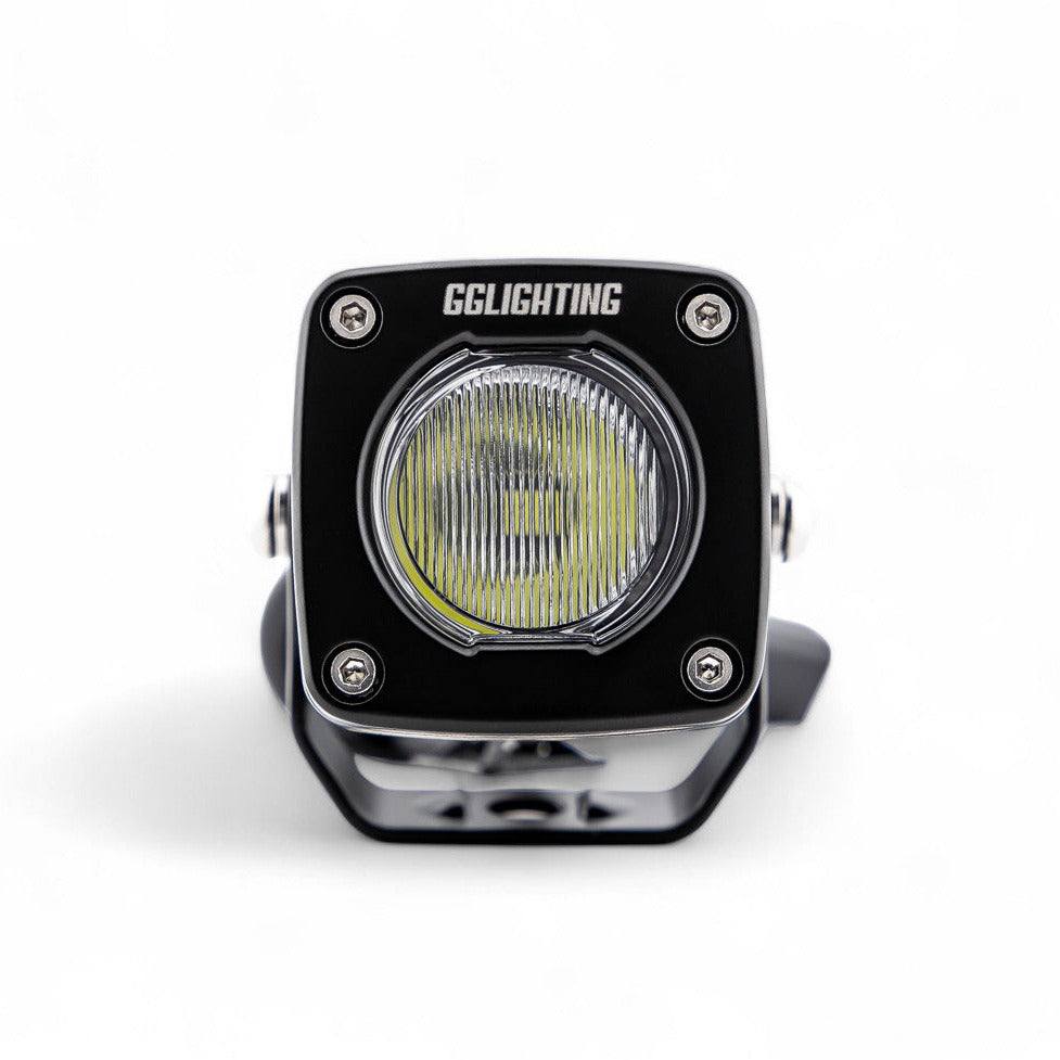 GGLighting GP5 single LED pod light in amber with clear lens, compact automotive lighting for enhanced visibility.