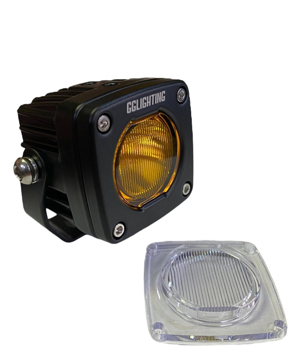 GGLighting GP5 single LED pod light in amber with free clear lens, showing the compact LED lighting device.