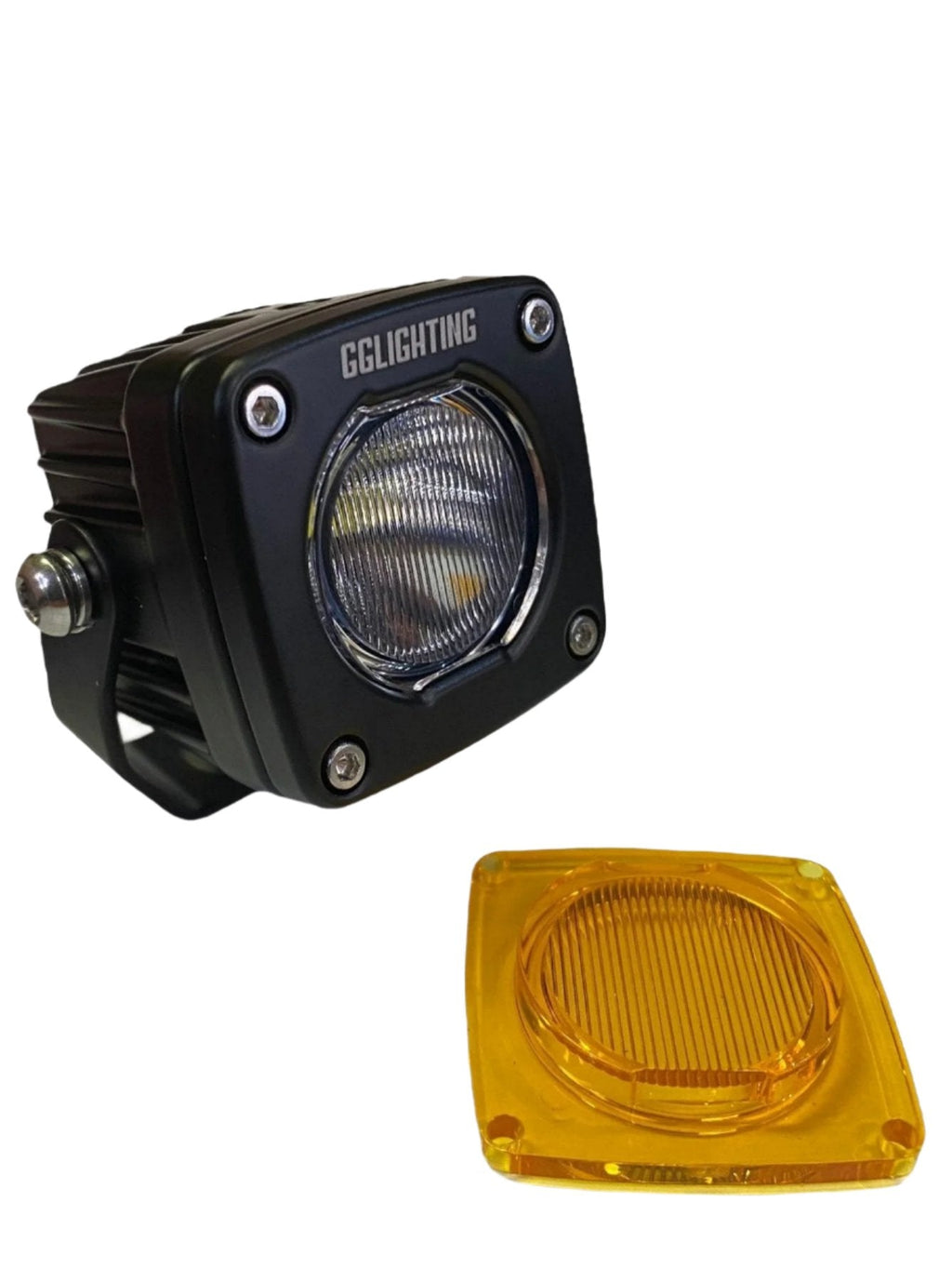 GGLighting GP5 single LED pod light in amber with clear lens, showing compact design and durable construction for vehicle lighting.