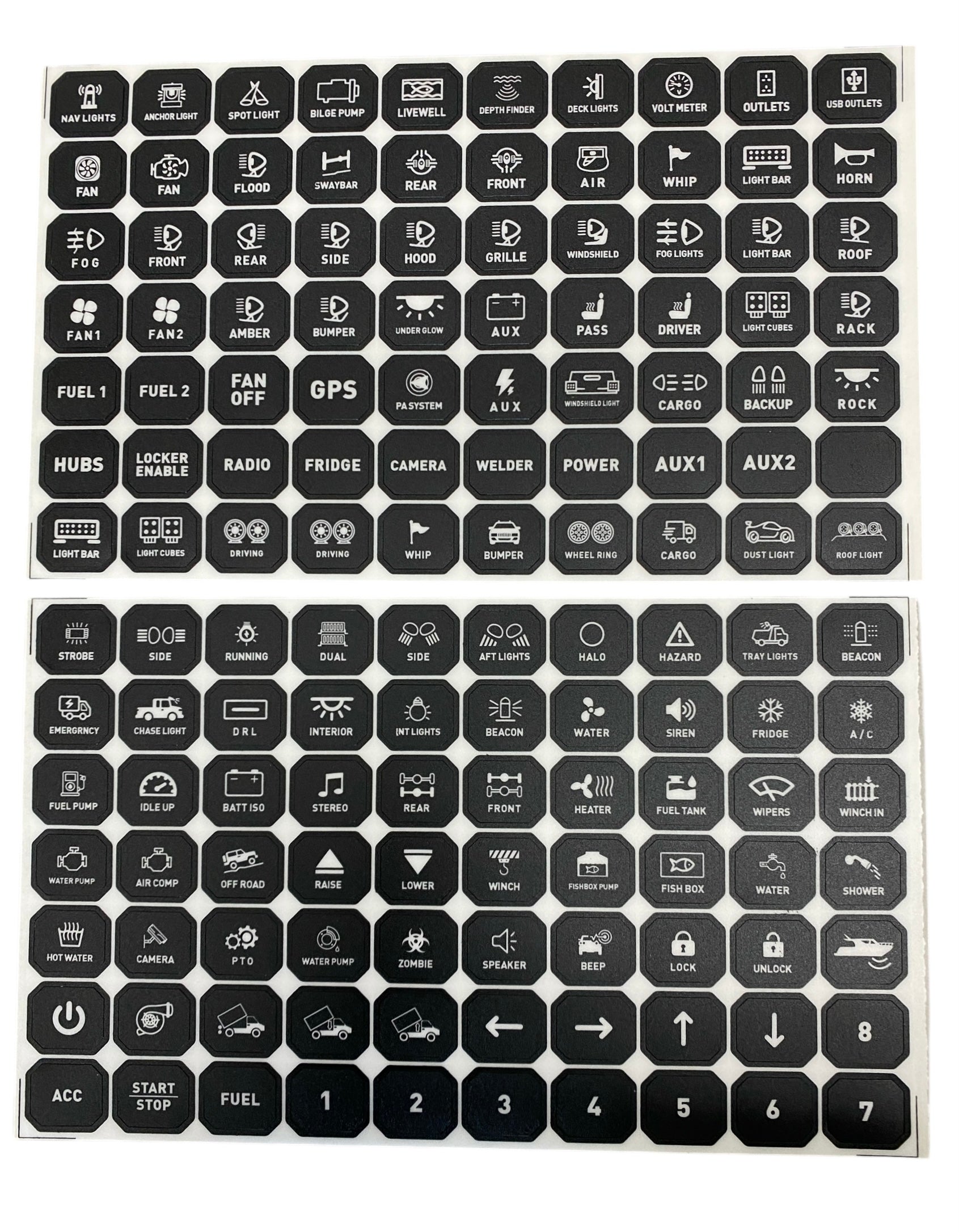 Replacement sticker sheets for GG Lighting 8 or 12 gang switch panels, featuring clear labels for electrical switches.
