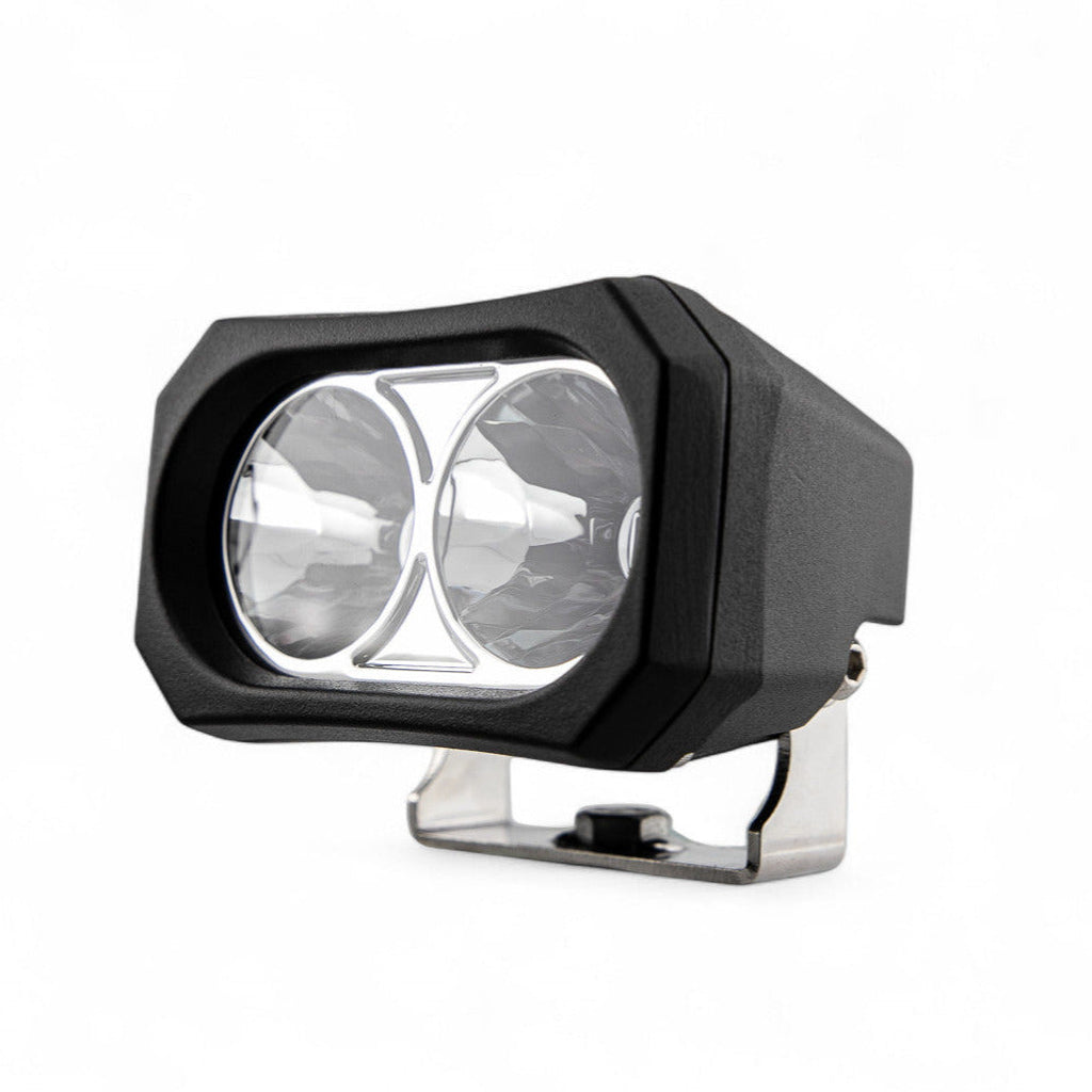 Pair of GP20 LED pods from GGLighting with no wiring harness, featuring durable black casings and bright LED illumination.