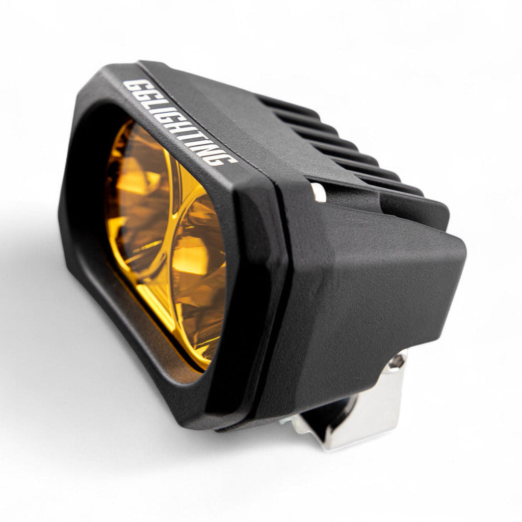 Pair of amber GP20 LED pods from GGLighting with no wiring harness, designed for off-road or vehicle lighting.