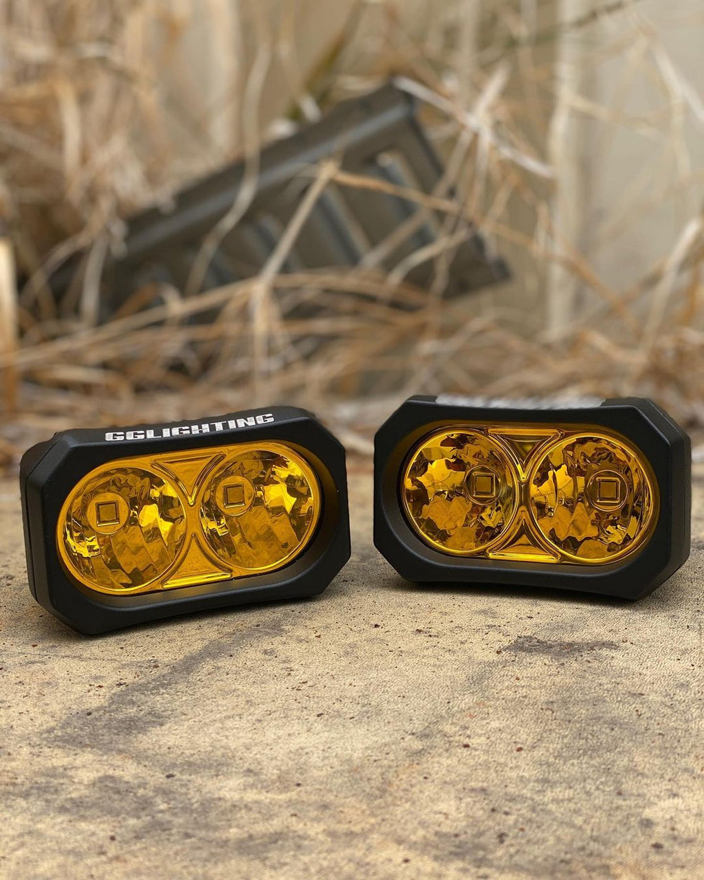 Pair of GGLighting GP20 LED Pods in amber color with no wiring harness, designed for off-road or automotive lighting.