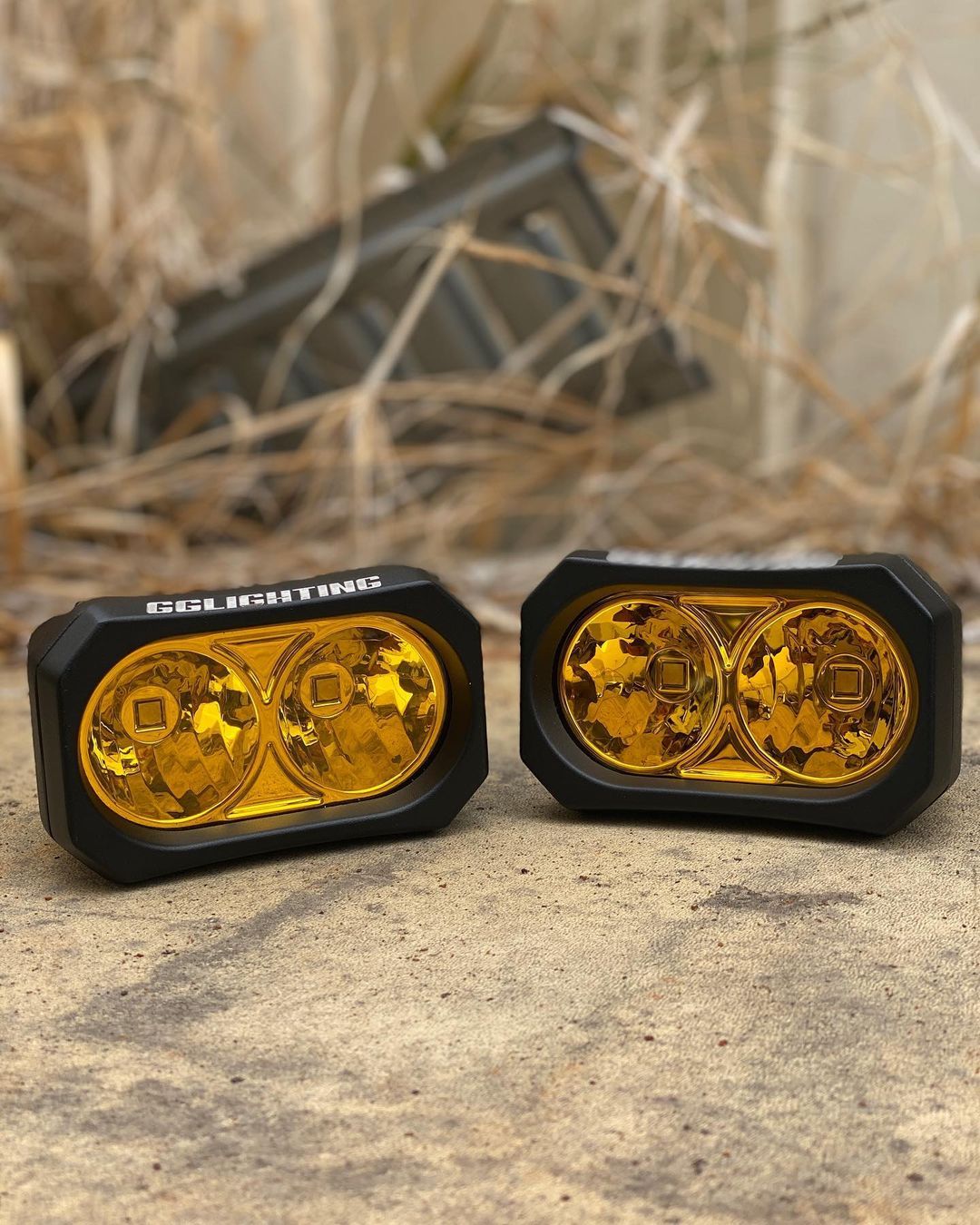 Pair of GGLighting GP20 LED Pods in amber color with no wiring harness, designed for off-road or automotive lighting.