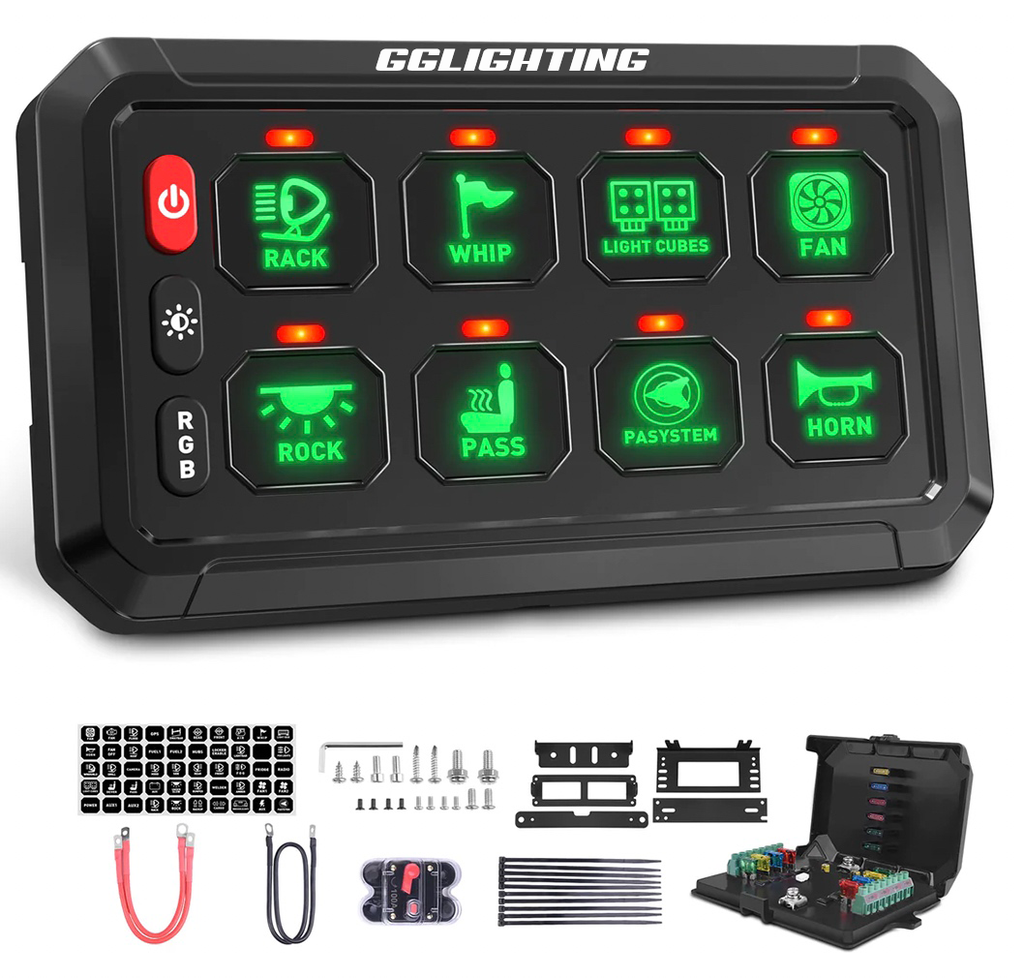 GGLighting 8-gang switch panel with RGB lighting, remote control, and Bluetooth app for customizable smart lighting control.