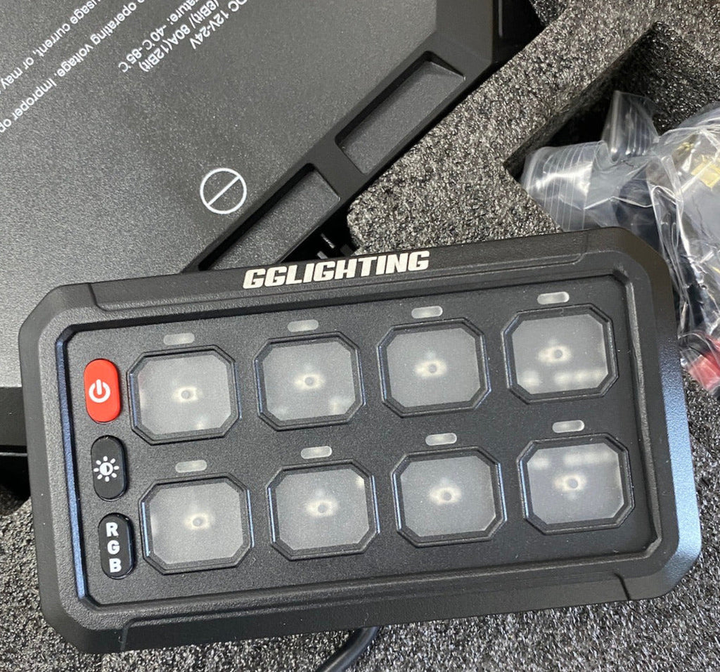 GGLighting 8-gang switch panel with RGB lighting and remote control, Bluetooth app compatibility, for home automation and lighting control.