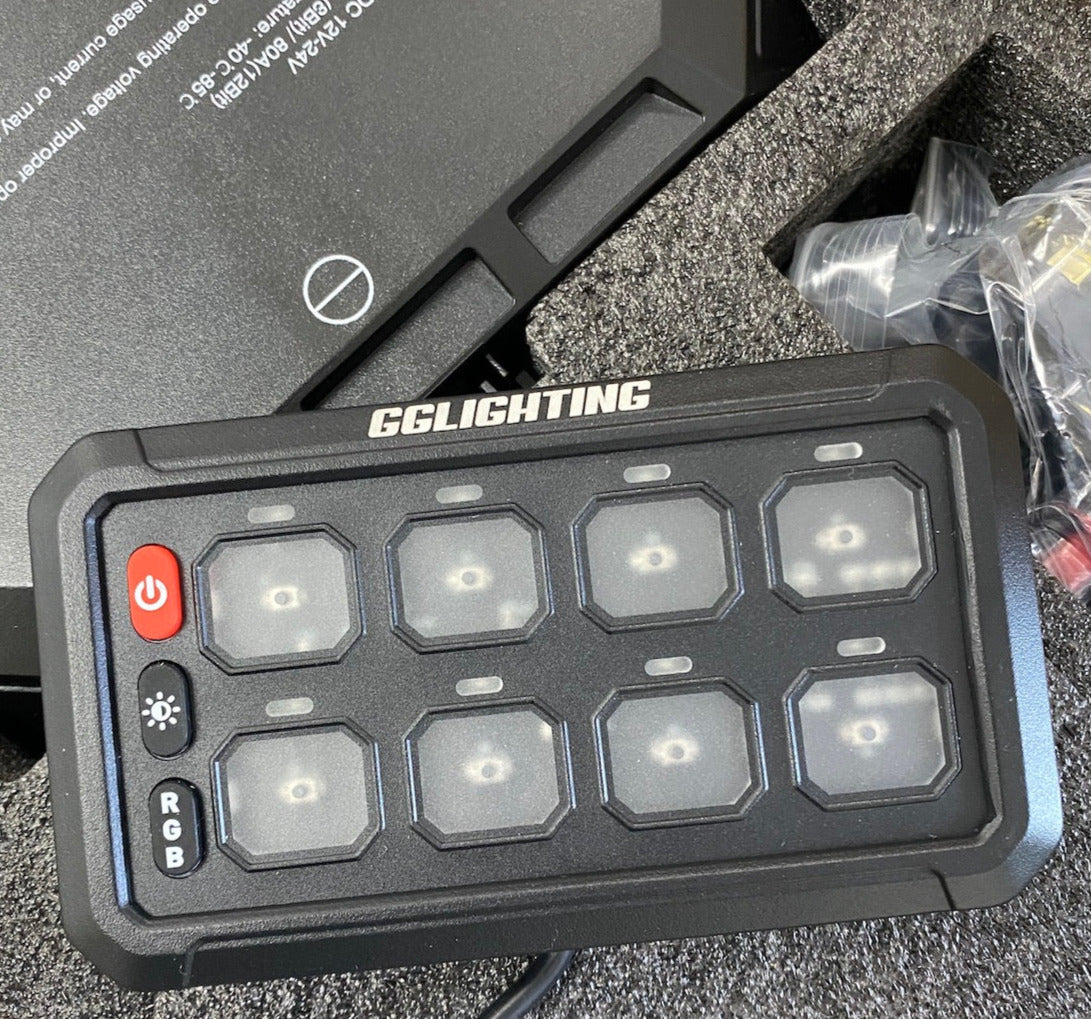 GGLighting 8-gang switch panel with RGB lighting and remote control, Bluetooth app compatibility, for home automation and lighting control.