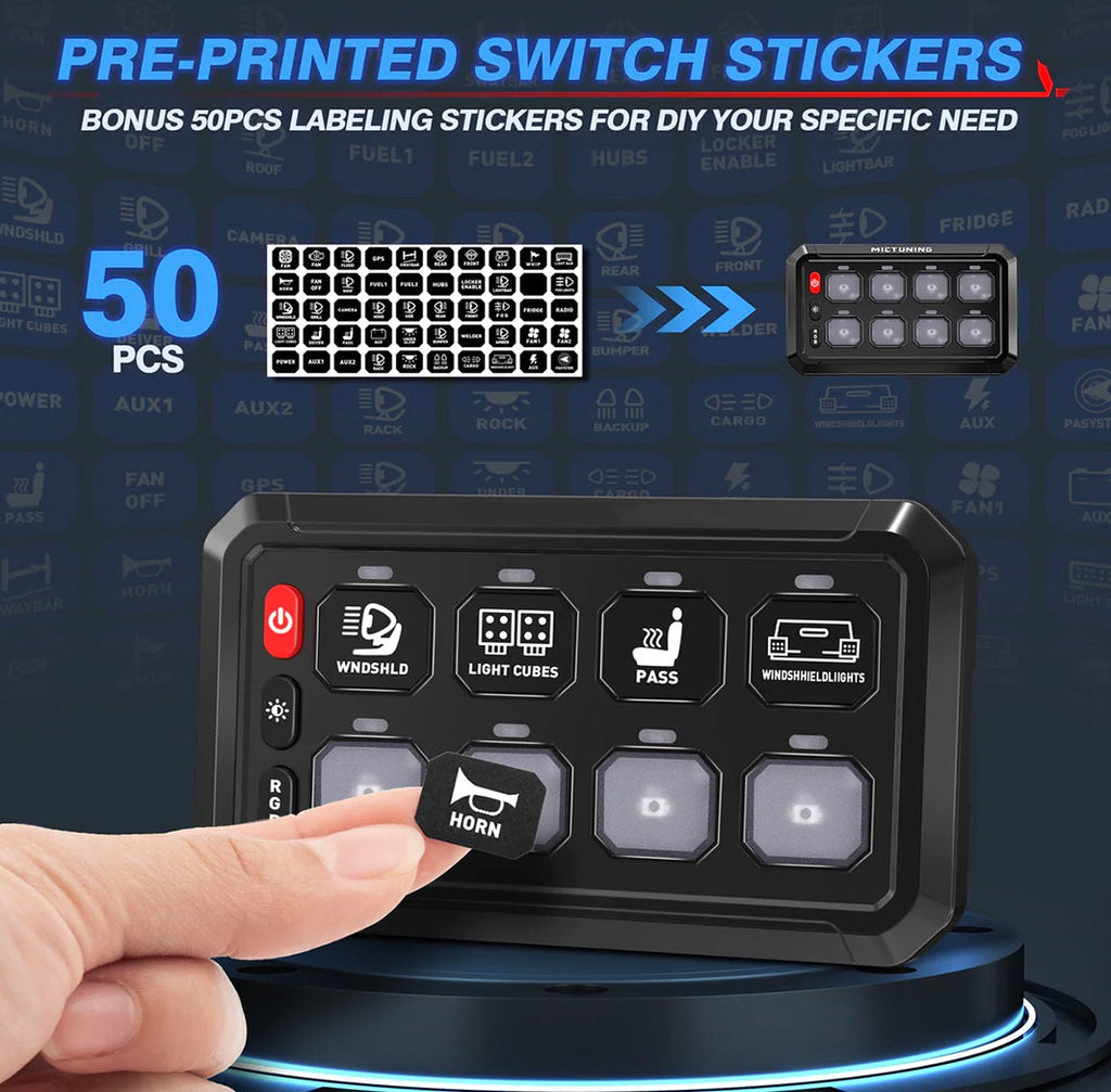 GGLighting 8-gang switch panel with RGB lighting, remote control, and Bluetooth app for customizable smart lighting control.