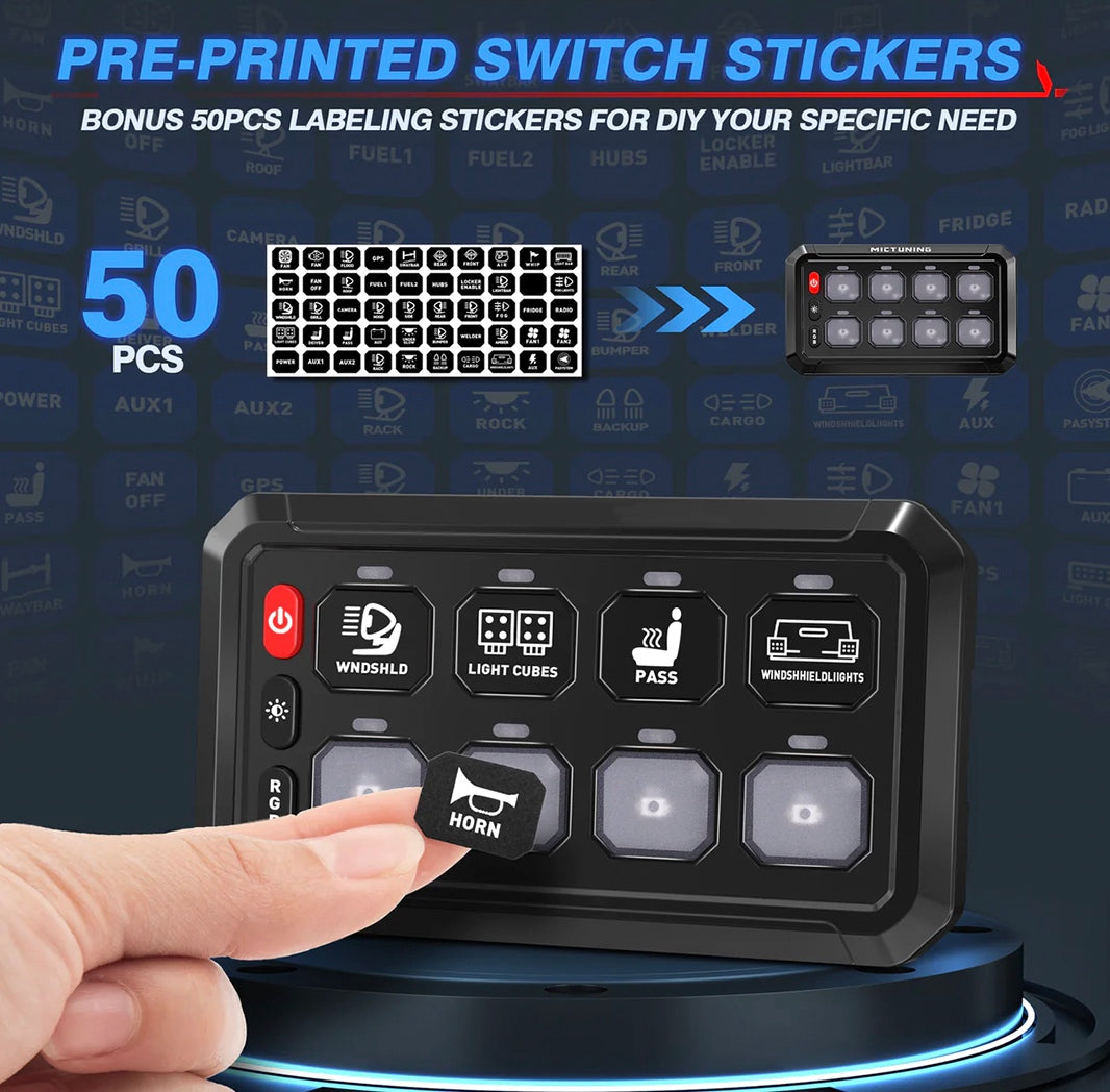 GGLighting 8-gang switch panel with RGB lighting, remote control, and Bluetooth app for customizable smart lighting control.