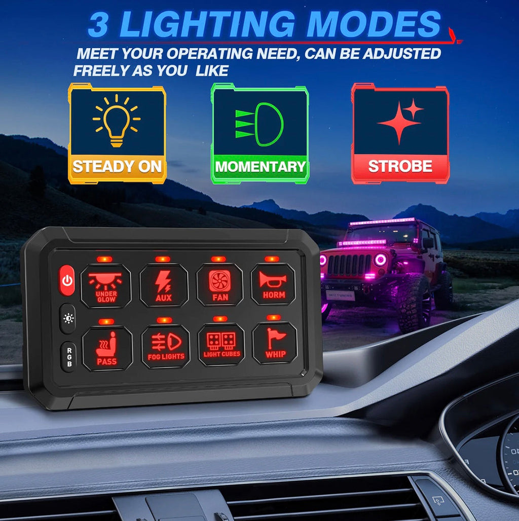 GGLighting 8-gang switch panel with RGB lighting, remote control, and Bluetooth app for smart home lighting control.