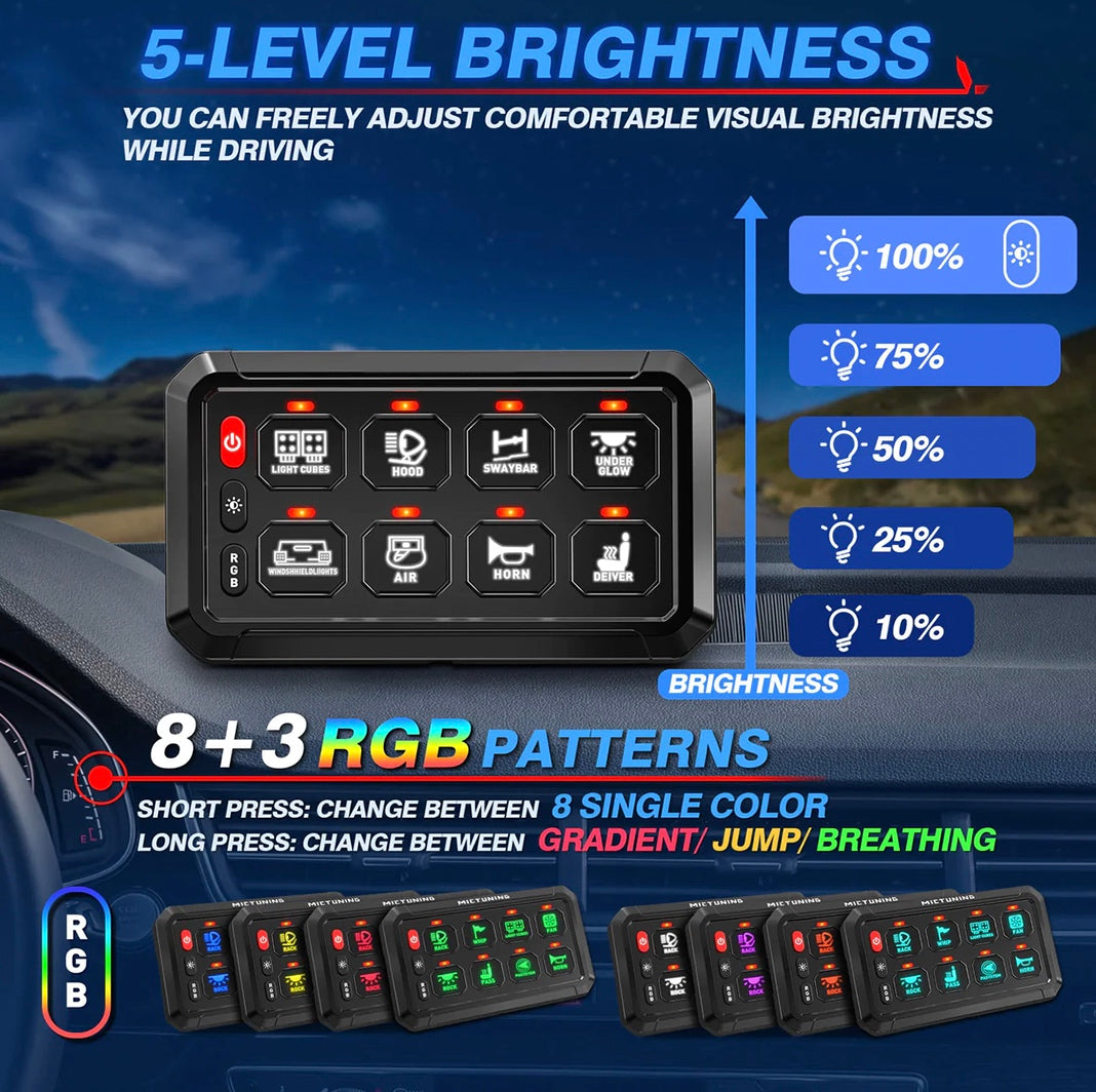 GGLighting 8-Gang switch panel with RGB lighting and remote control, Bluetooth app compatibility, mounted on a wall.