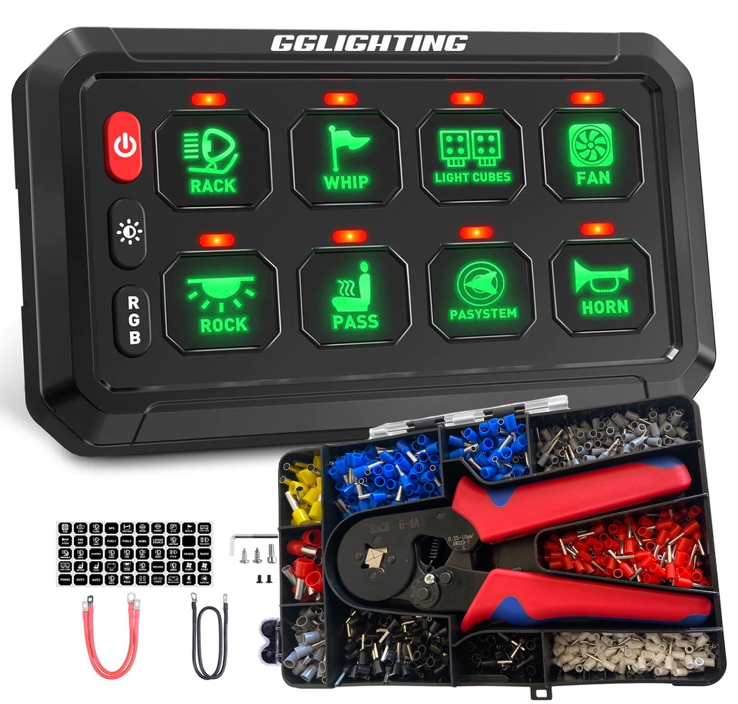 GGLighting 8-gang switch panel with RGB lighting, remote control, and Bluetooth app for smart home lighting control.