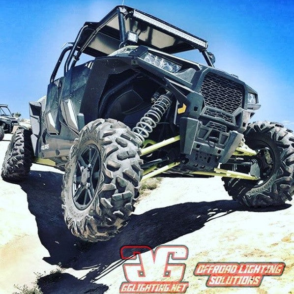 GGLighting Polaris RZR 1000 and 2014+ RZR 900 30-inch LED light bar roof mounts on off-road vehicle roof.