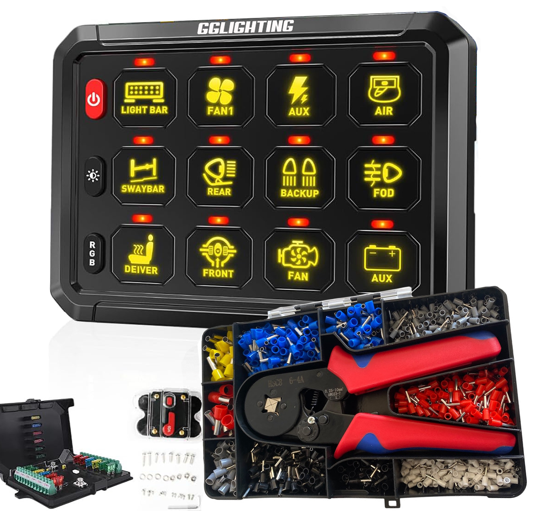 GGLighting 12-gang switch panel with RGB lighting, remote control, and Bluetooth app connectivity, shown with installation tools.