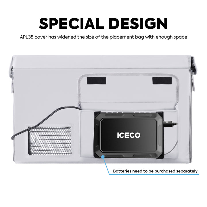Gray insulated protective cover for ICECO APL35 by Inca Overland Outfitters, designed to shield and insulate the appliance.