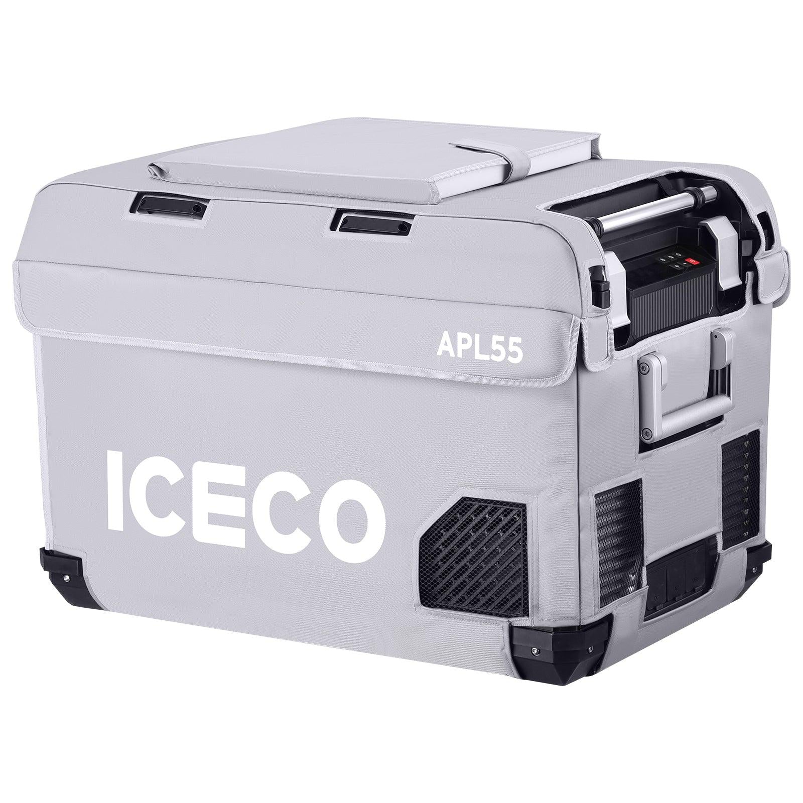 Gray insulated protective cover for APL55 by ICECO, designed to shield and insulate outdoor appliances.