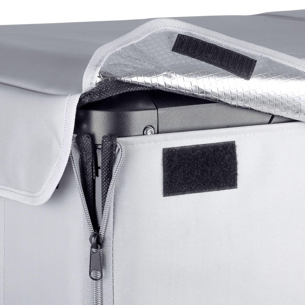 Gray insulated protective cover for VL75ProD by ICECO, designed to safeguard outdoor refrigeration units.
