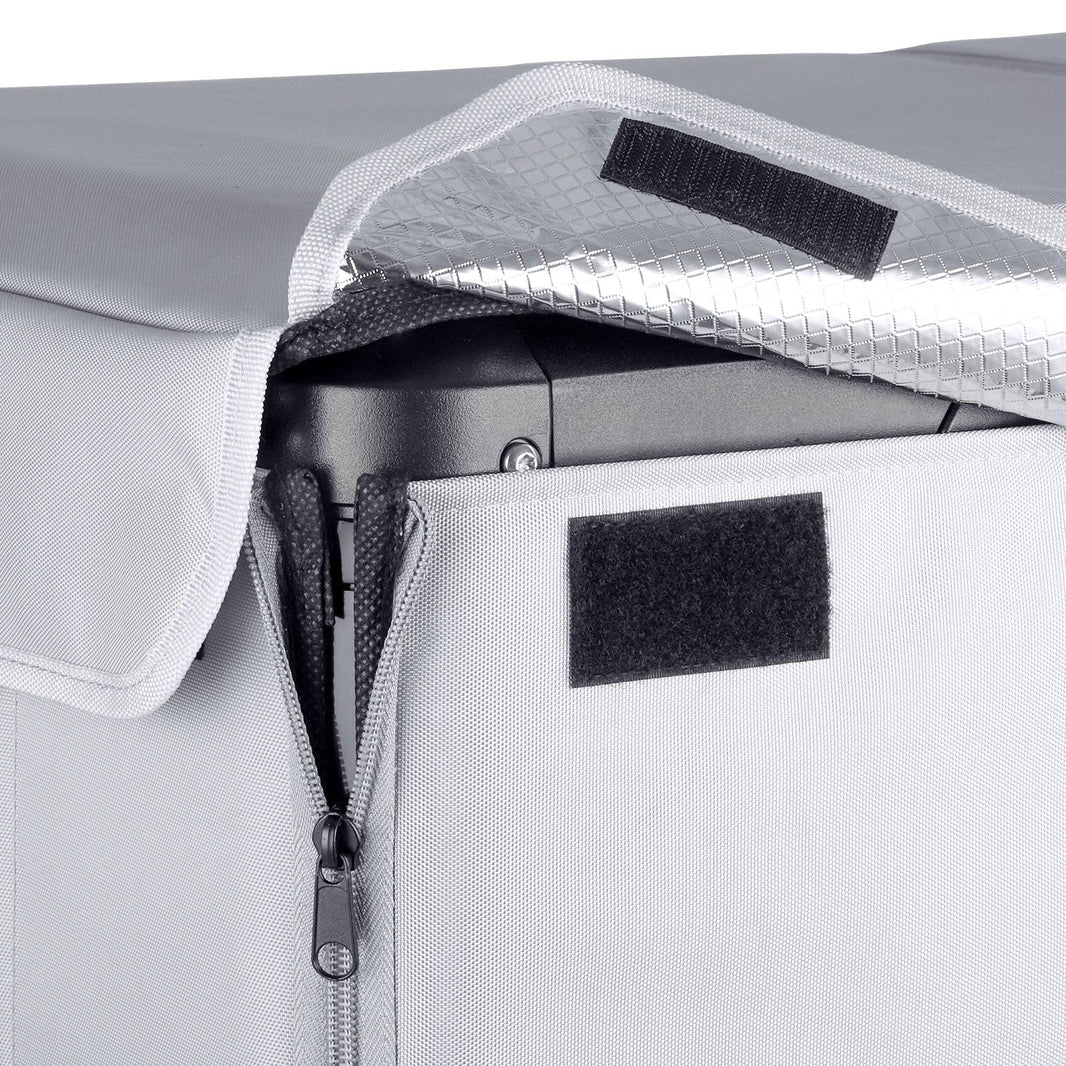 Gray insulated protective cover for VL75ProD by ICECO, designed to safeguard outdoor refrigeration units.