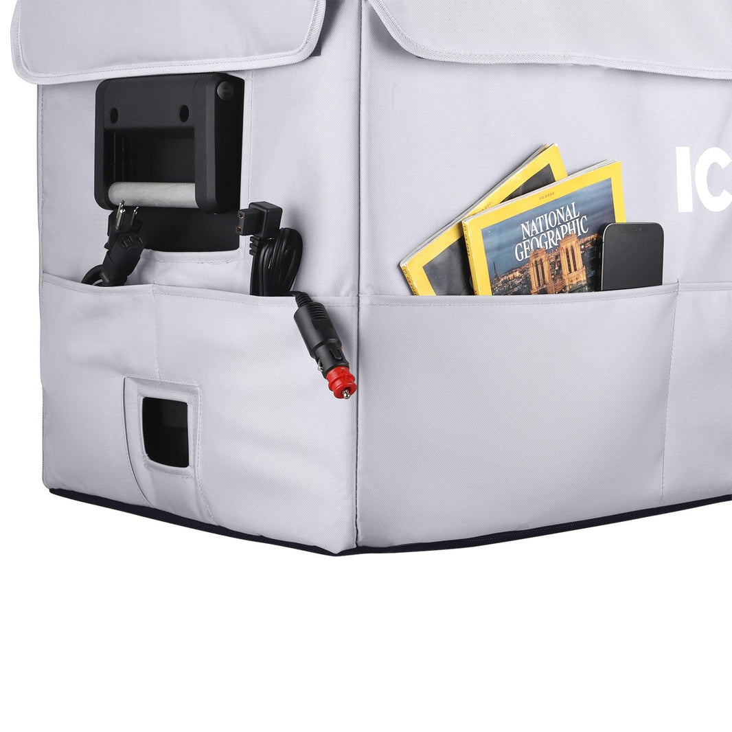 Gray insulated protective cover for VL75ProD ice chest by ICECO, designed by Inca Overland Outfitters, offering durable insulation and protection.