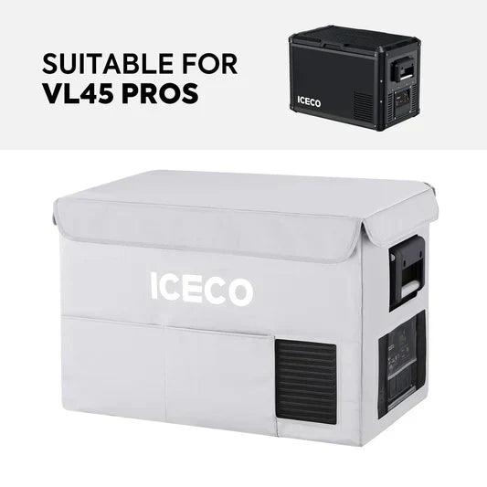 Silver VL45ProS insulated protective cover for ICECO appliances, designed by Inca Overland Outfitters, shown on product.