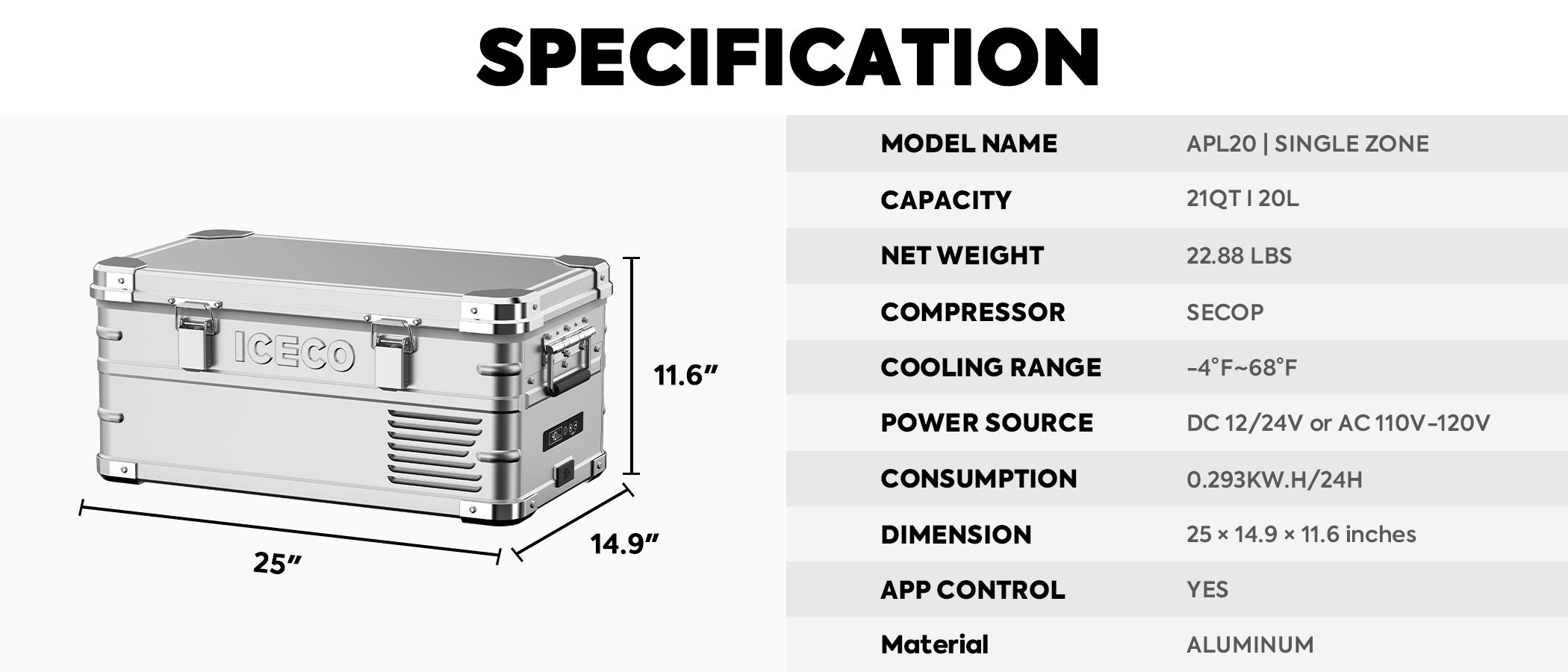 Inca Overland Outfitters APL20 Light Duty Aluminum Freezer, single zone, 20L capacity, silver finish, ICECO brand.