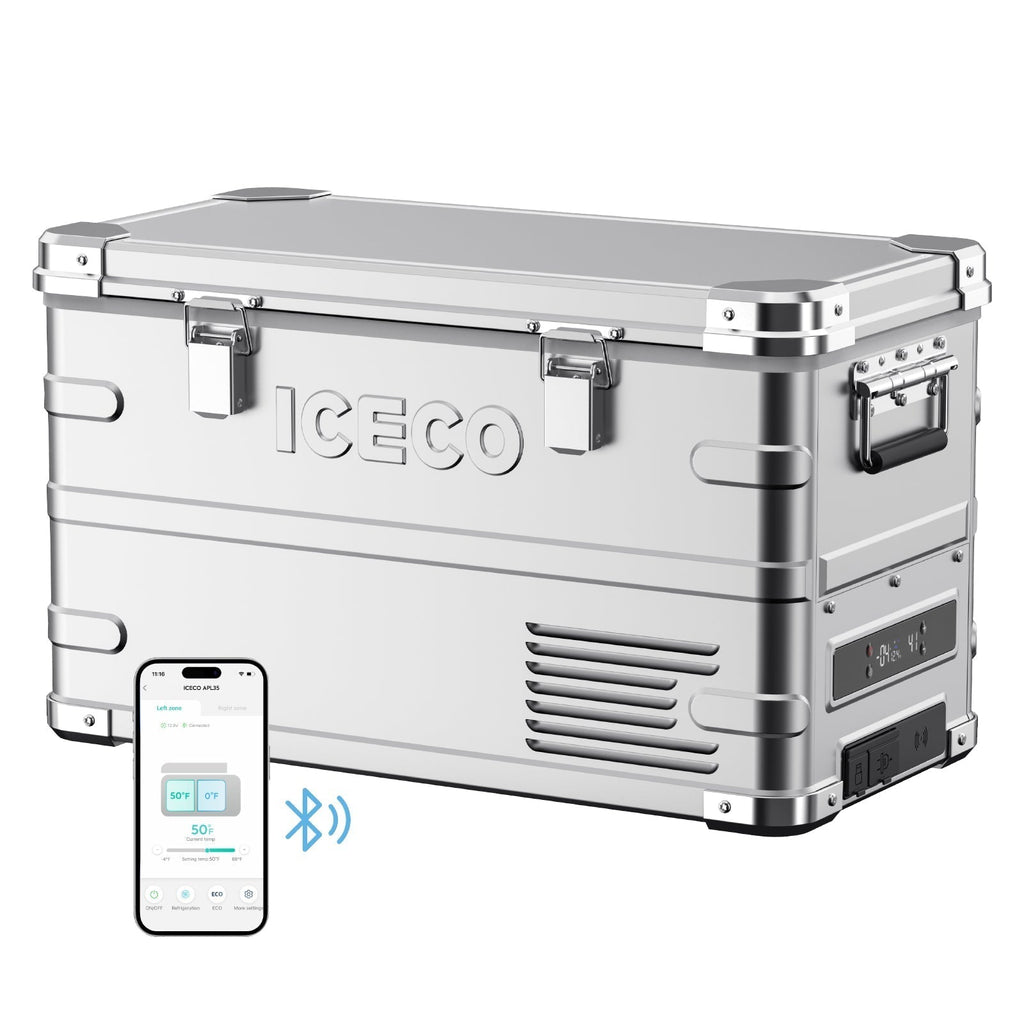 Inca Overland Outfitters APL35 Dual Zone aluminum fridge with silver finish, 35L capacity, ICECO brand, compact design, and digital controls.