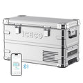 Inca Overland Outfitters APL35 Dual Zone aluminum fridge with silver finish, 35L capacity, ICECO brand, compact design, and digital controls.
