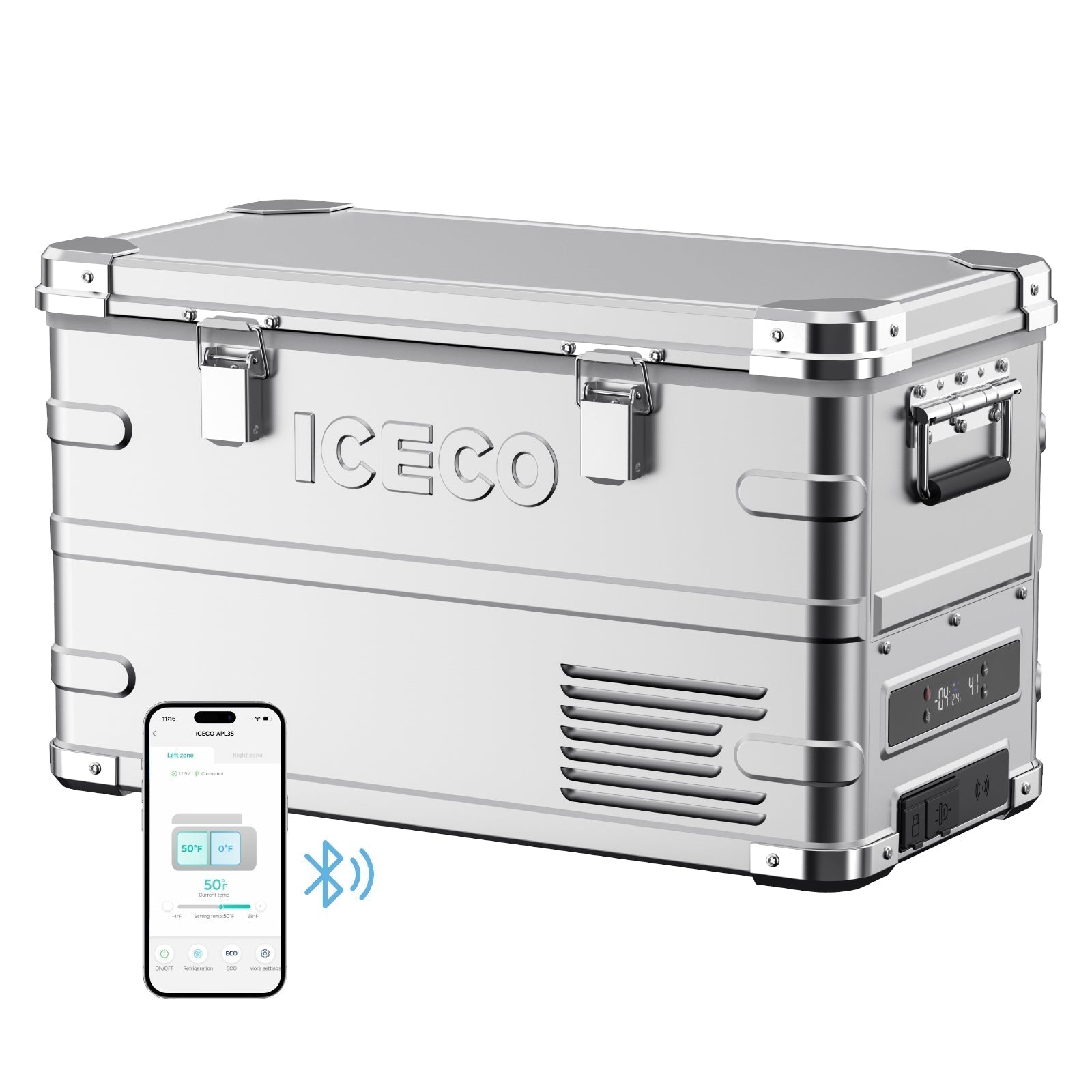 Inca Overland Outfitters APL35 Dual Zone aluminum fridge with silver finish, 35L capacity, ICECO brand, compact design, and digital controls.