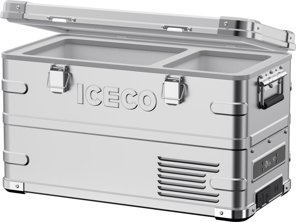 Inca Overland Outfitters APL35 Dual Zone Aluminum Fridge Refrigerator by ICECO, 35L, silver, with digital controls and dual compartments.