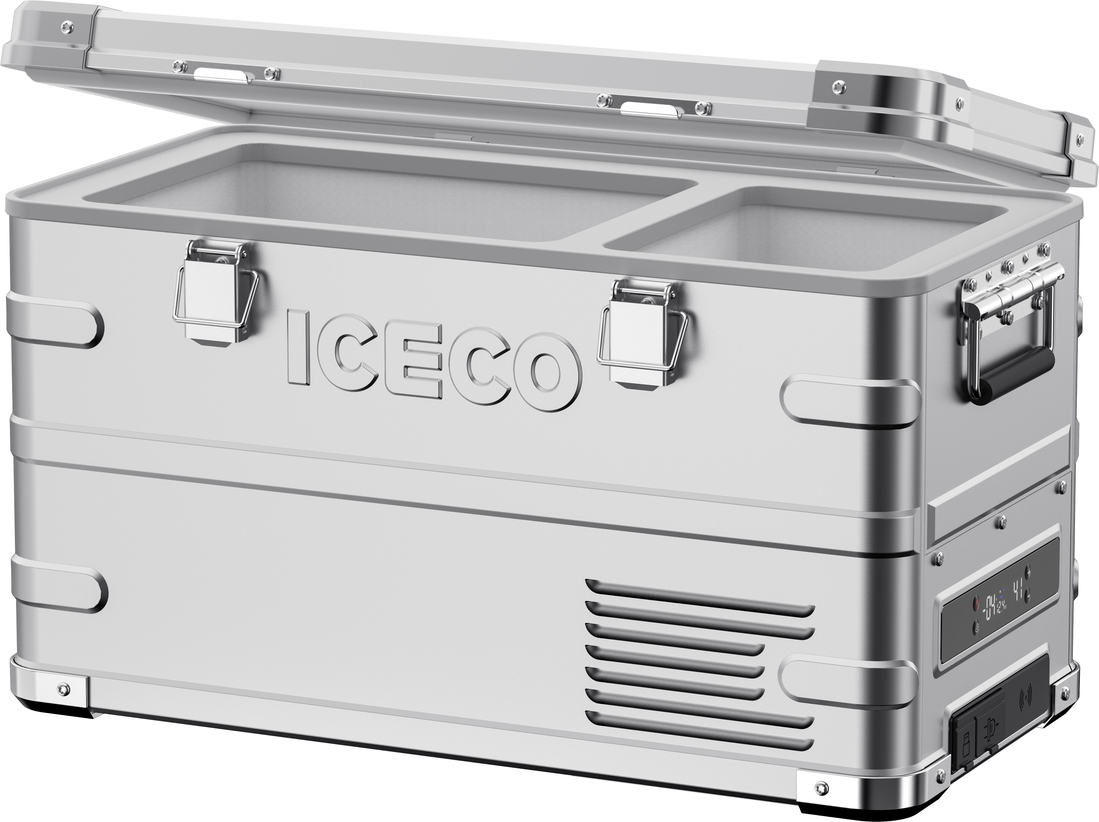 Inca Overland Outfitters APL35 Dual Zone Aluminum Fridge Refrigerator by ICECO, 35L, silver, with digital controls and dual compartments.