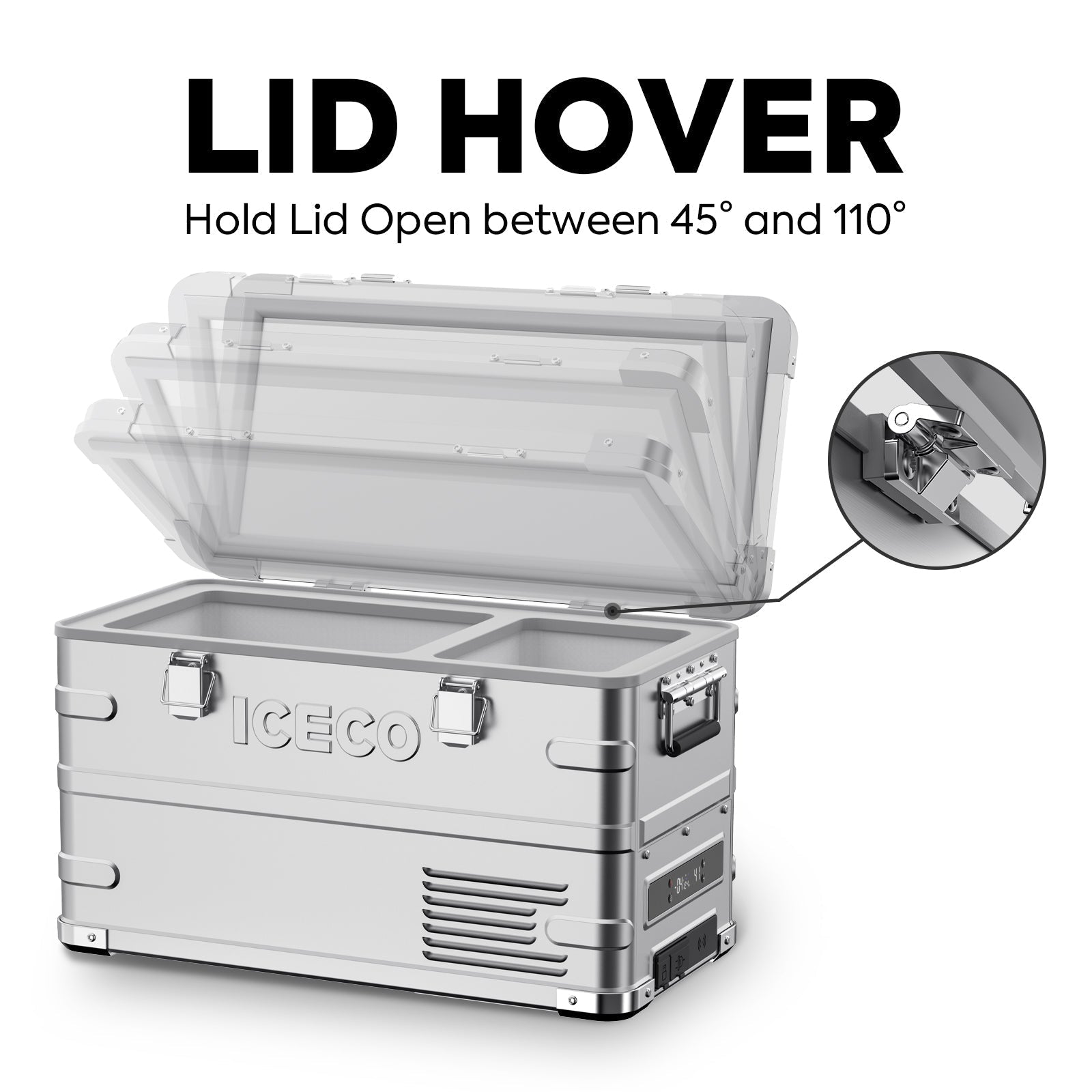 Inca Overland Outfitters APL35 Dual Zone Aluminum Fridge Refrigerator by ICECO, silver with dual compartments, 35L capacity.