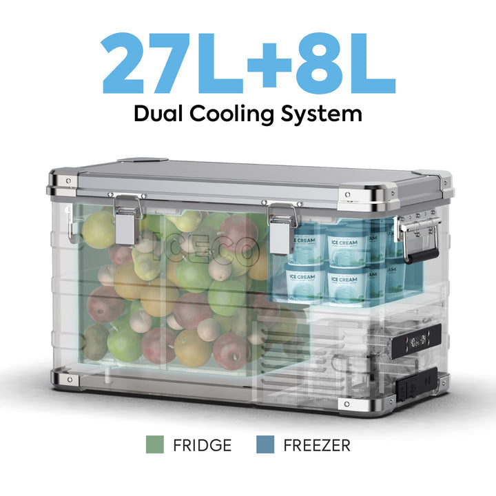 Inca Overland Outfitters APL35 Dual Zone Aluminum Fridge Refrigerator with silver finish, 35 LT capacity, ICECO brand, outdoor design