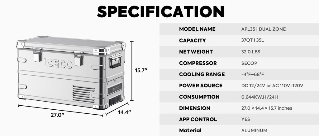 Inca Overland Outfitters APL35 Dual Zone Aluminum Fridge Refrigerator showing silver exterior with dual temperature zones and compact design.