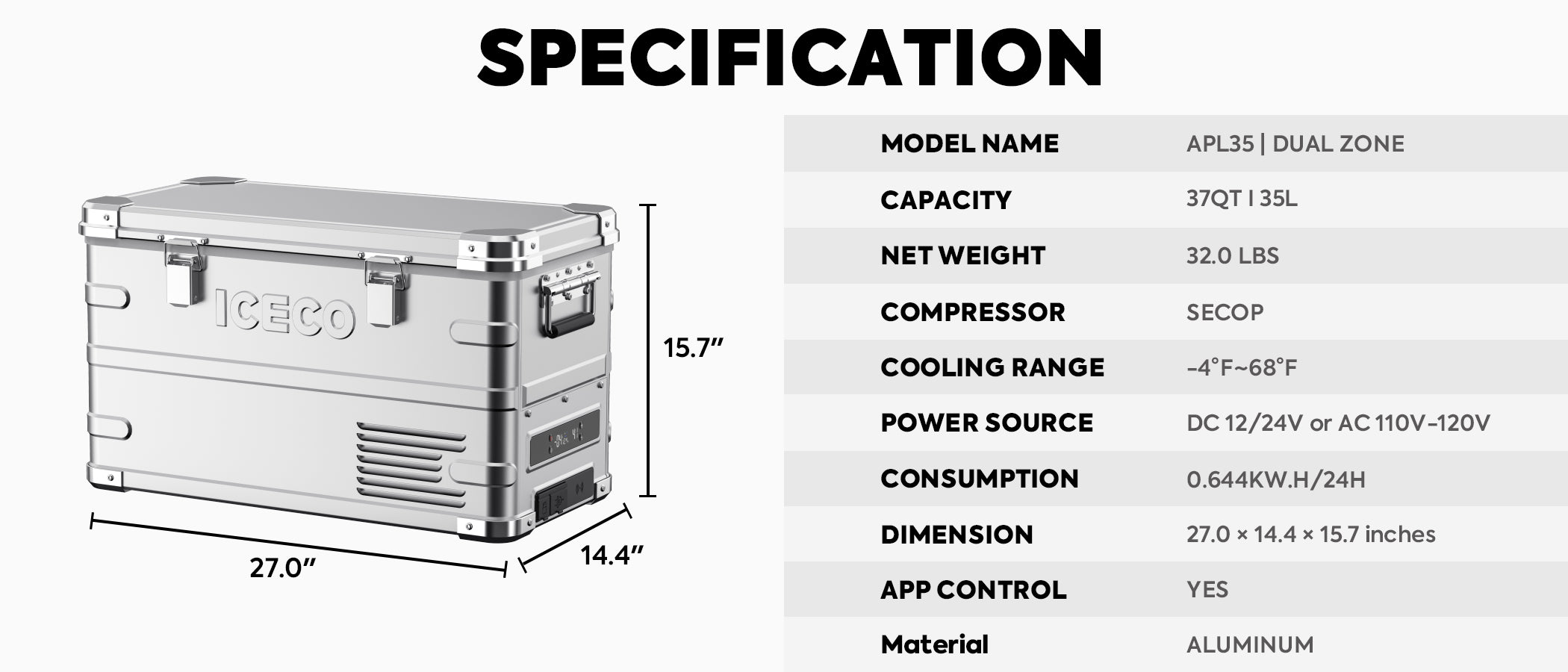 Inca Overland Outfitters APL35 Dual Zone Aluminum Fridge Refrigerator showing silver exterior with dual temperature zones and compact design.