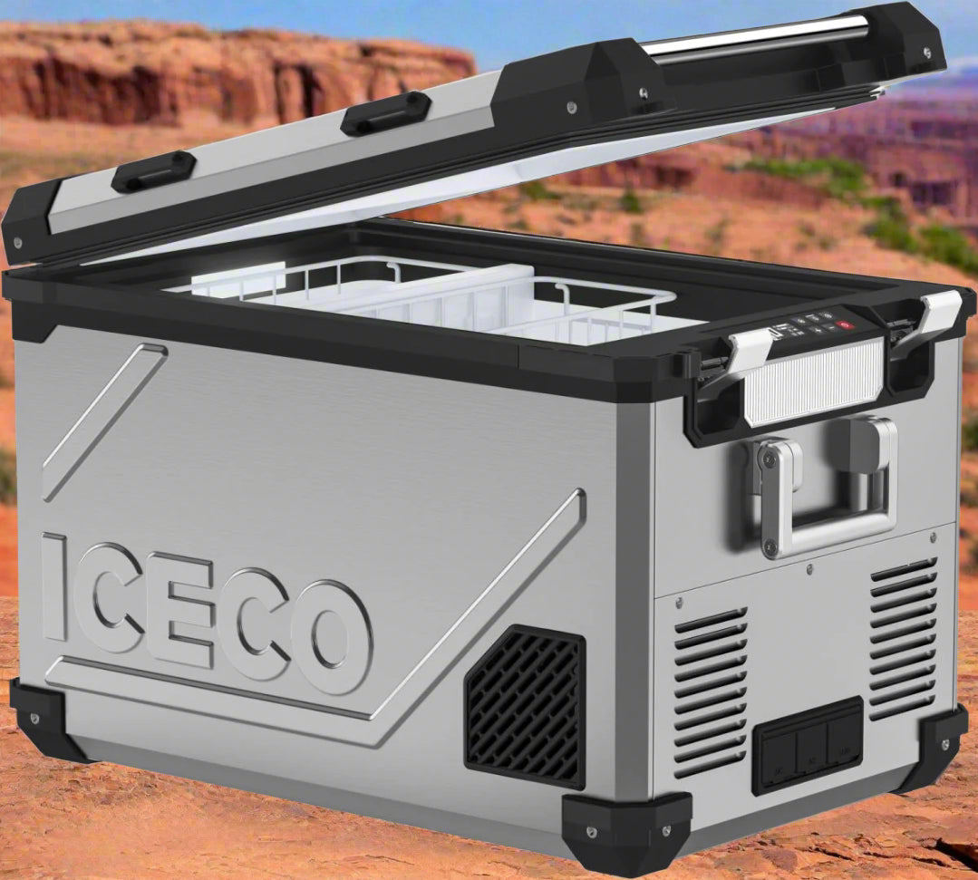 Inca Overland Outfitters APL55 Dual Zone 12V fridge with silver exterior, 55-liter capacity, from ICECO's APL Series.