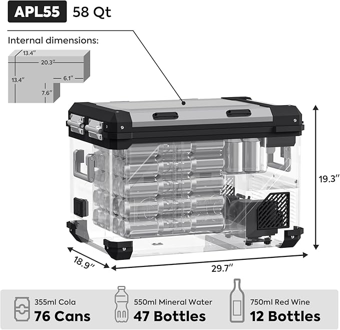 Inca Overland Outfitters APL55 Dual Zone 12V fridge, silver 55-liter ICECO APL Series portable refrigerator for vehicles.